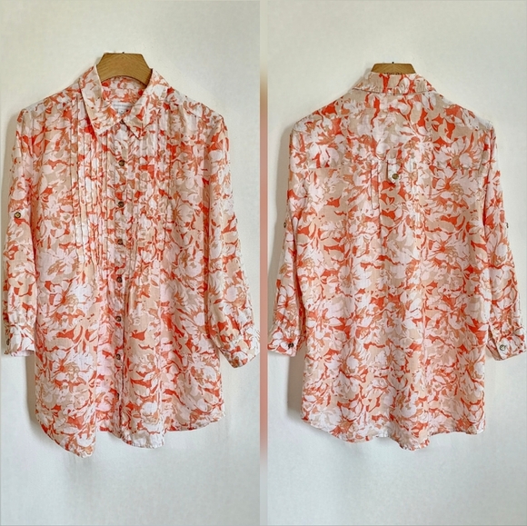 Charter Club 100% Linen Orange & White Floral Button Down Blouse - Picture 4 of 16